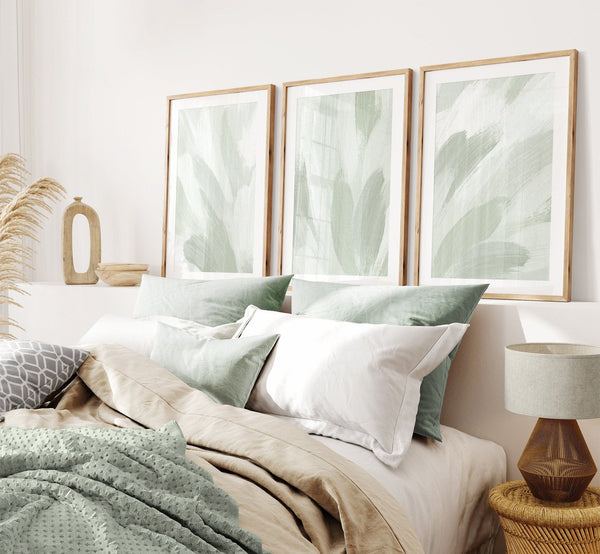 Kit 3 Quadros Decorativos: Arte Abstrata Minimalista Verde Sálvia