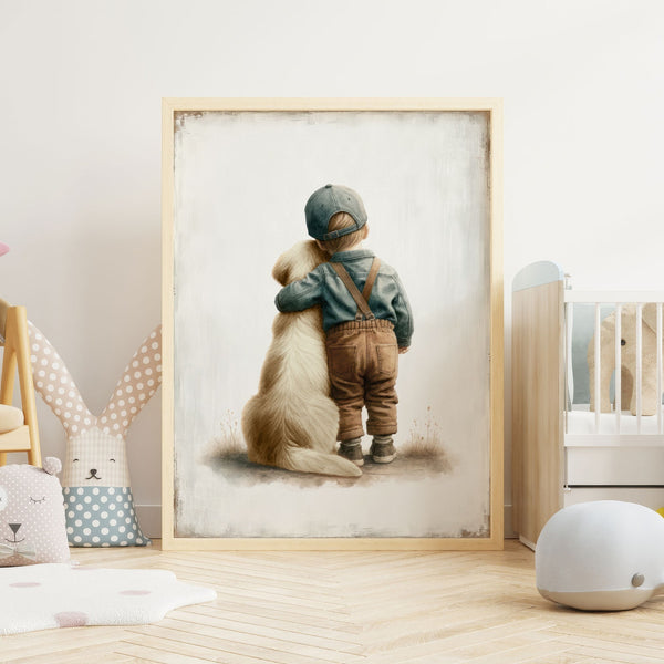 Quadro Infantil: Arte de Menino Abraçado com Seu Golden Retriever