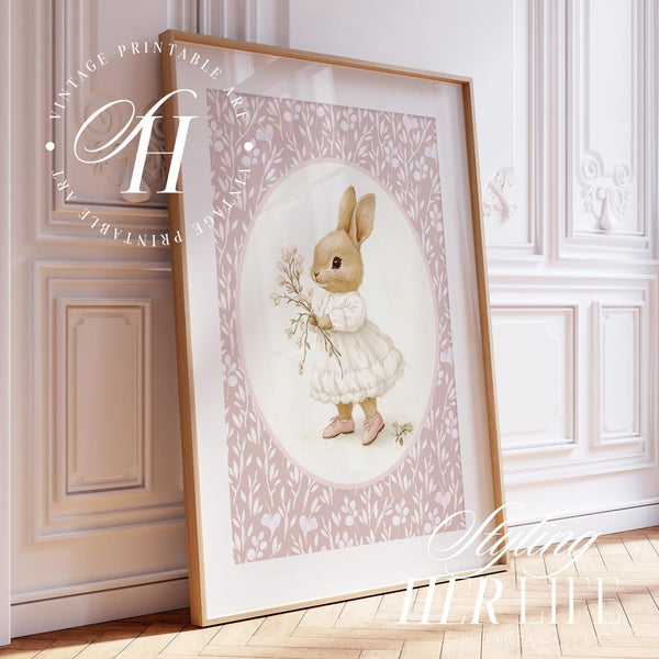 Quadro Infantil: Arte Coelho Vintage com Estampa Floral no Rosa
