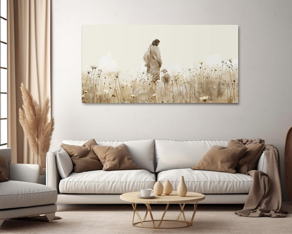 Quadro Decorativo: Jesus e a Ovelha Perdida em um Campo de Flores