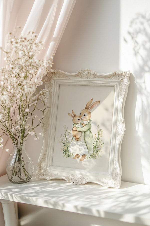 Quadro Infantil: Arte Coelho Mamãe e Bebê em Campo de Flores