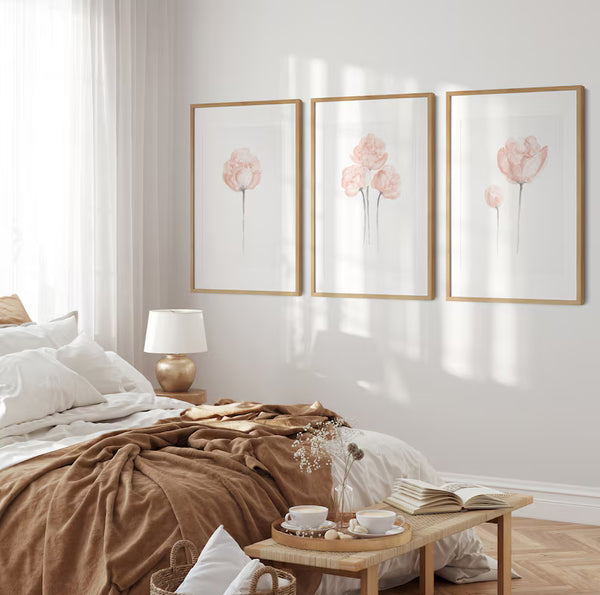 Kit 3 Quadros Decorativos Peônias Rosa Pastel