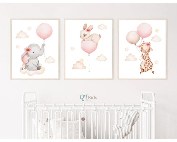 Kit 3 Quadros Decorativos Animais para Quarto de Menina com Bolões Rosa: Girafa, Coelho e Elefante