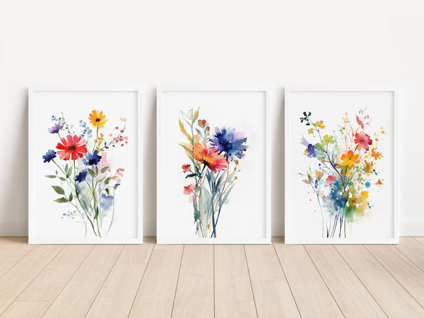 Kit 3 Quadros Decorativos Flores Silvestres Coloridas em Aquarela