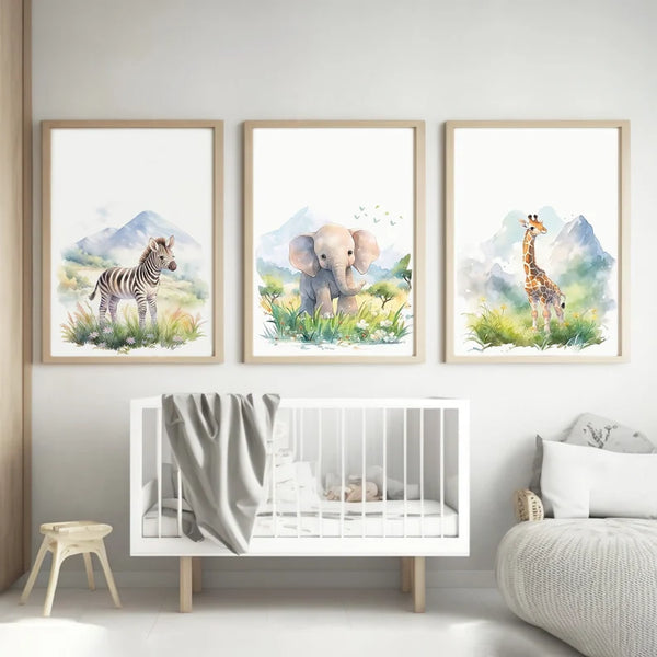 Kit 3 Quadros Decorativos Safári em Aquarela