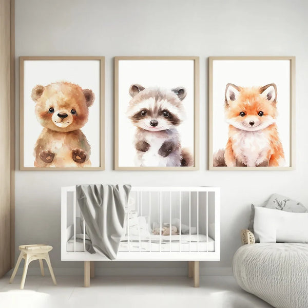 Kit 3 Quadros Decorativos Animais Bebês em Aquarela