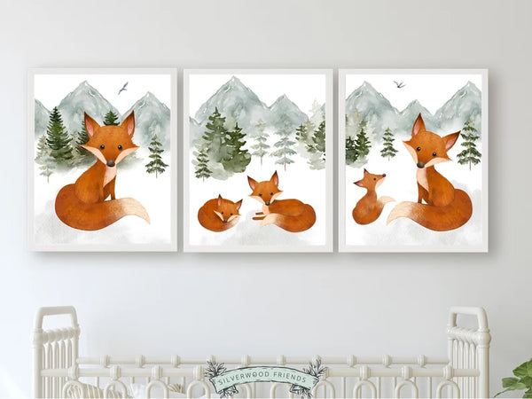 Kit 3 Quadros Decorativos Raposa na Floresta
