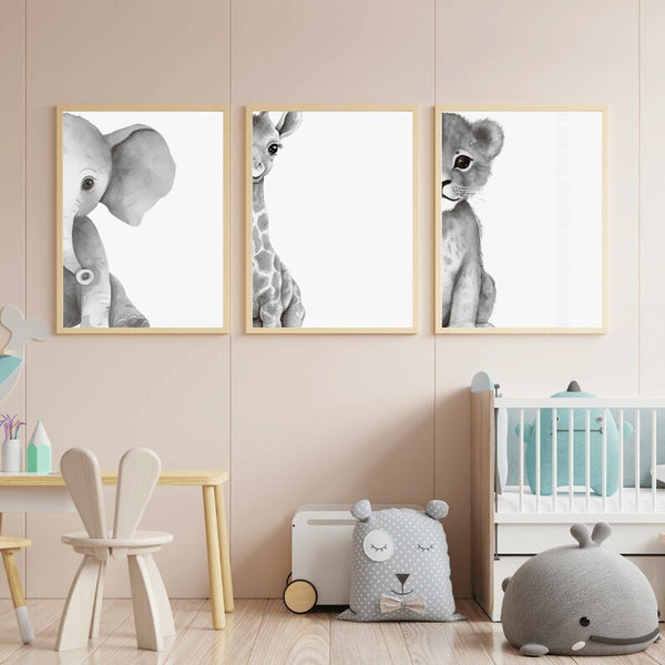 Kit 3 Quadros Decorativos Animais Bebês Safári em Preto e Branco