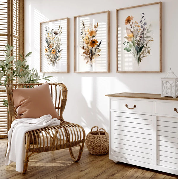 Kit 3 Quadros Decorativos Flores Silvestres Botânicas em Aquarela