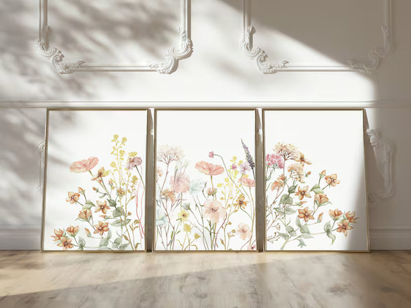 Kit 3 Quadros Decorativos Flores Silvestres em Tons de Rosa