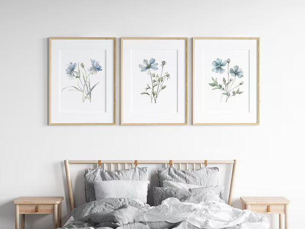 Kit 3 Quadros Decorativos em Aquarela de Flores Silvestres Azuis