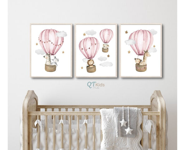 Kit 3 Quadros Decorativos Balões de Ar Quente com Animais da Selva