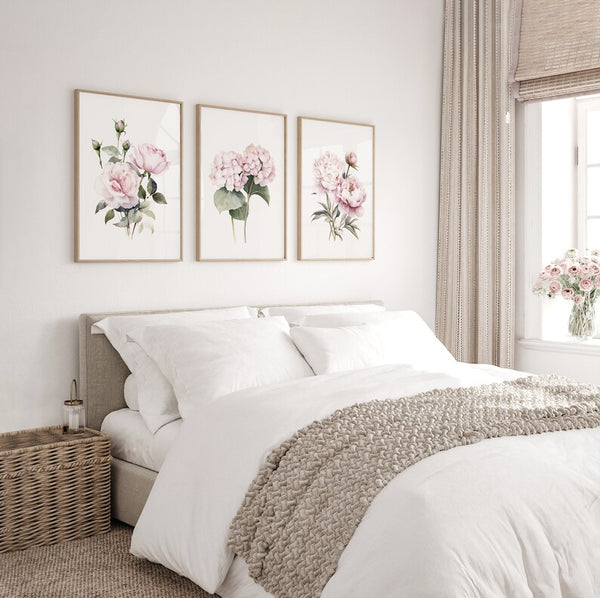 Kit 3 Quadros Decorativos Hortênsias Rosa