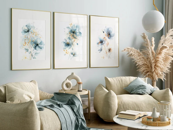 Kit 3 Quadros Decorativos Flores Silvestres em Aquarela em Tons de Azul e Dourado