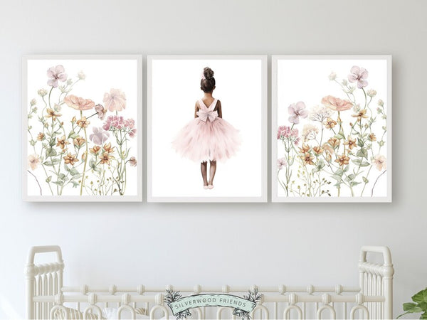 Kit 3 Quadros Decorativos Bailarina Afro Americana com Flores Silvestres