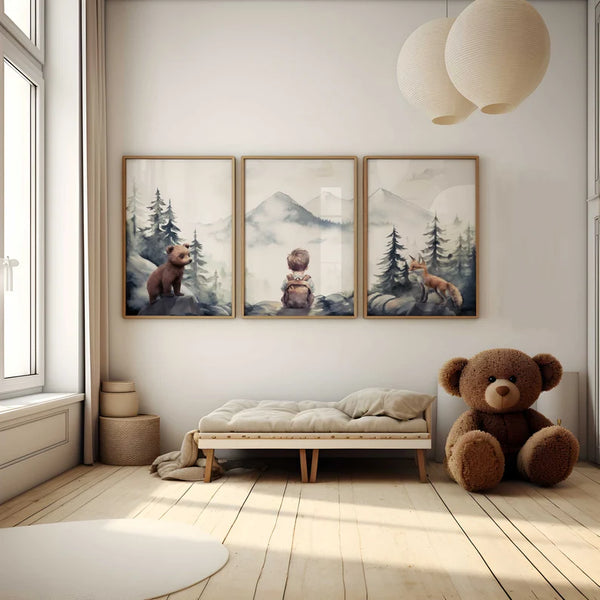 Kit 3 Quadros Decorativos Para Meninos: Urso, Menino e Raposa na Floresta