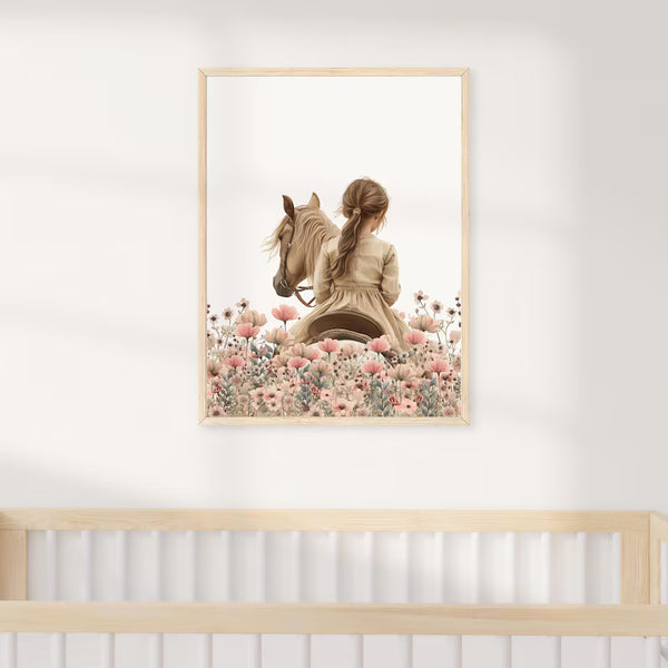 Quadro Decorativo: Cowgirl Montada em Cavalo no Jardim de Flores