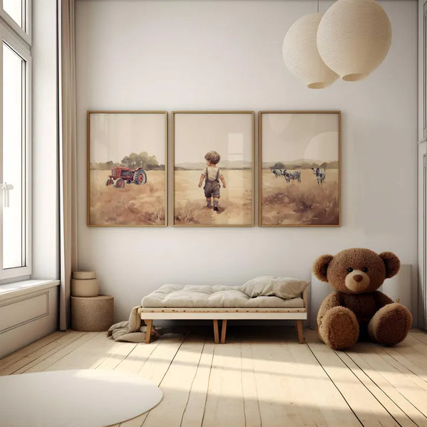 Kit 3 Quadros Decorativos Menino na Fazenda com Trator e Vacas