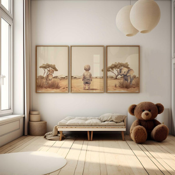 Kit 3 Quadros Decorativos Savana Africana: Leão. Menino e Elefante