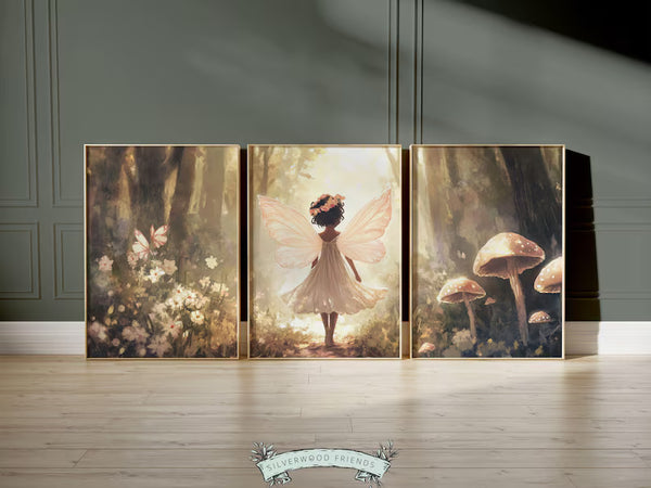 Kit 3 Quadros Decorativos Fada Bailarina Afro Africana em Floresta