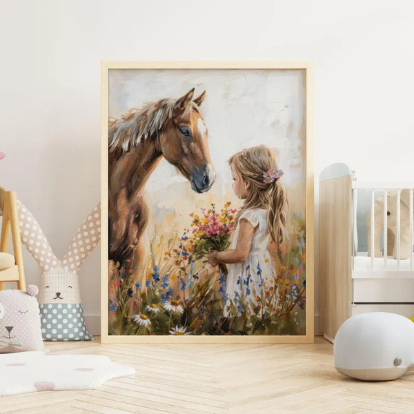 Quadro Decorativo: Menina e Cavalo com Campo de Flores