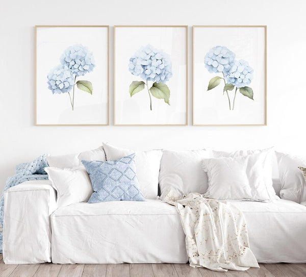 Kit 3 Quadros Decorativos Florais Hortênsia em Aquarela Azul