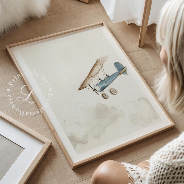 Quadro Decorativo: Avião Retrô em Aquarela Azul