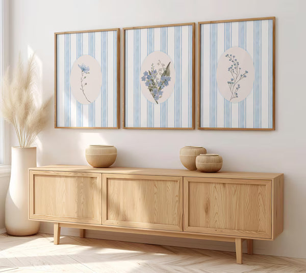 Kit 3 Quadros Decorativos Floral Vintage com Listras Azul