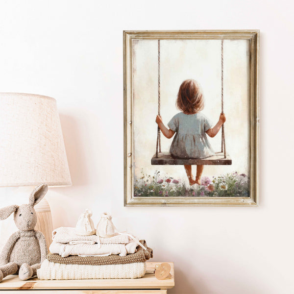 Quadro Infantil: Menina Loira no Balanço Sob Jardim de Flores