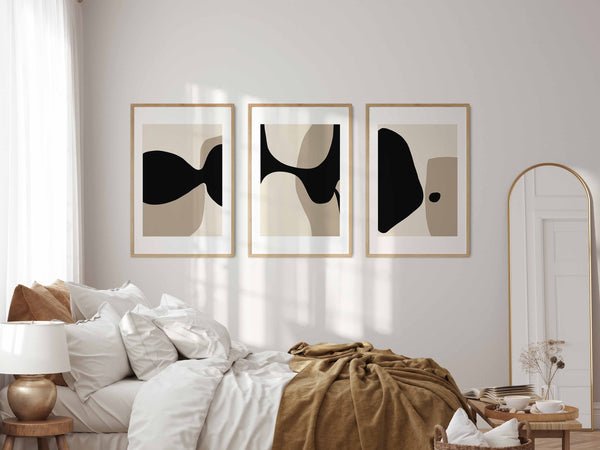 Kit 3 Quadros Decorativos: Arte Minimalista Abstrata Preta e Bege