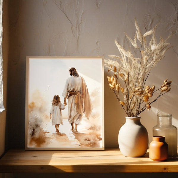 Quadro Decorativo: Jesus Andando ao Lado de uma Garota