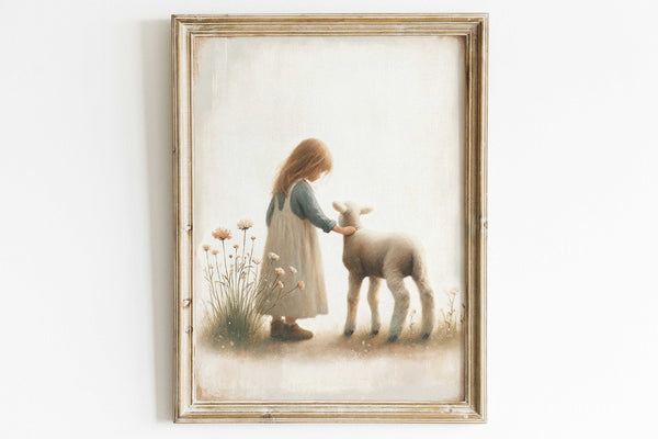 Quadro Infantil: Menina Acariciando o Cordeiro