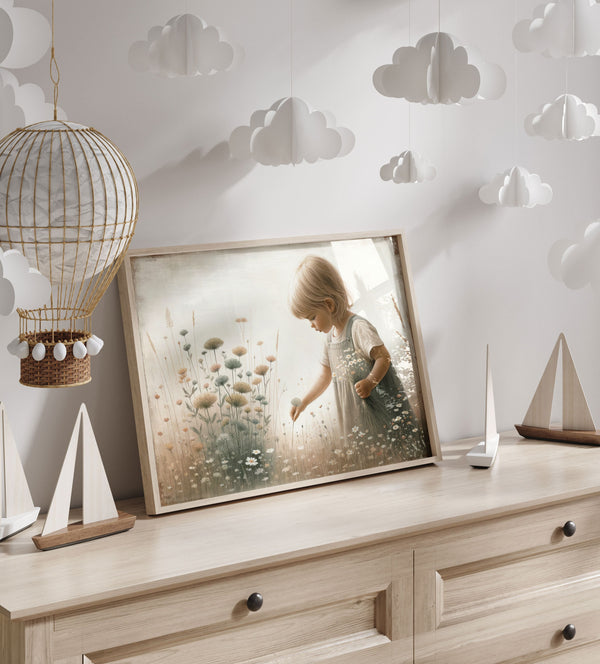 Quadro Infantil: Menina no Campo de Flores Silvestres