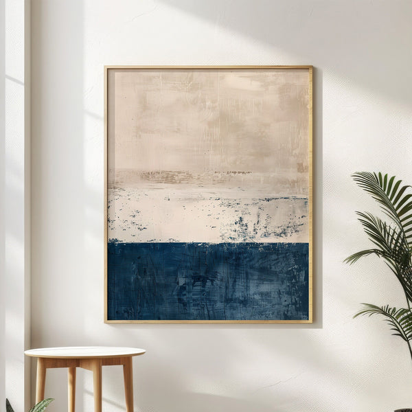 Quadro Abstrato: Arte Abstrata Minimalista Bege e Azul Escuro