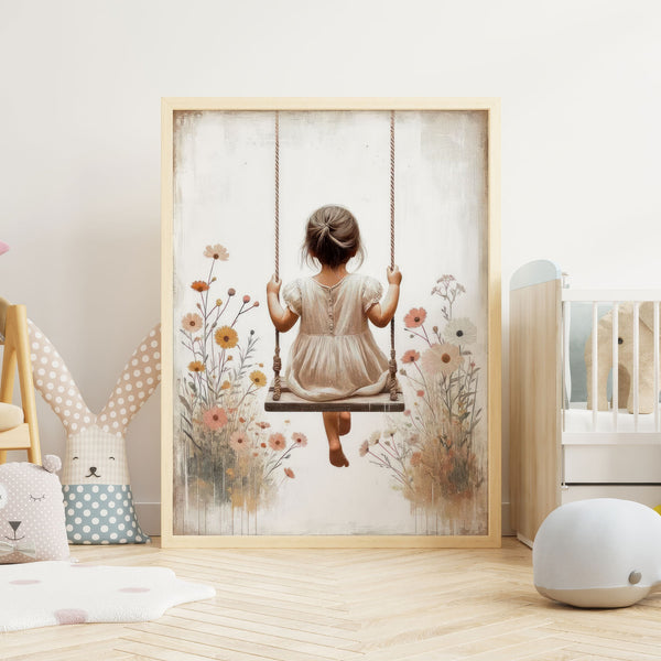 Quadro Infantil: Arte de Menina no Balanço com Flores ao Redor