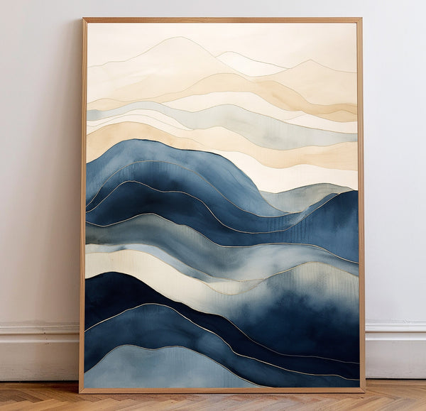 Quadro Abstrato: Arte Abstrata Moderna em Aquarela Azul e Bege