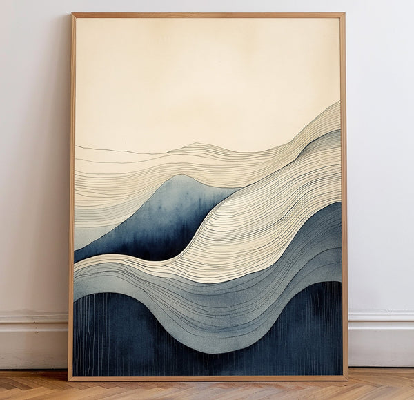 Quadro Abstrato: Arte de Linha Abstrata em Aquarela Azul e Bege