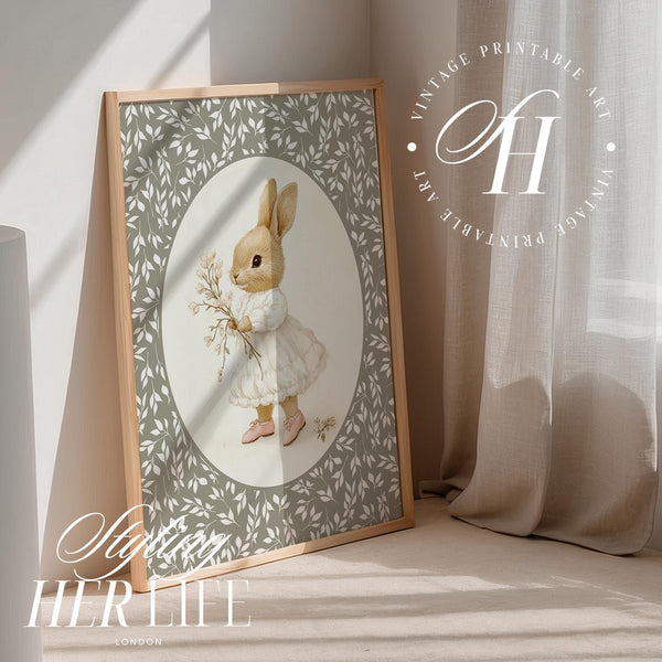 Quadro Infantil: Arte Coelho Vintage com Estampa Floral em Tom Neutro
