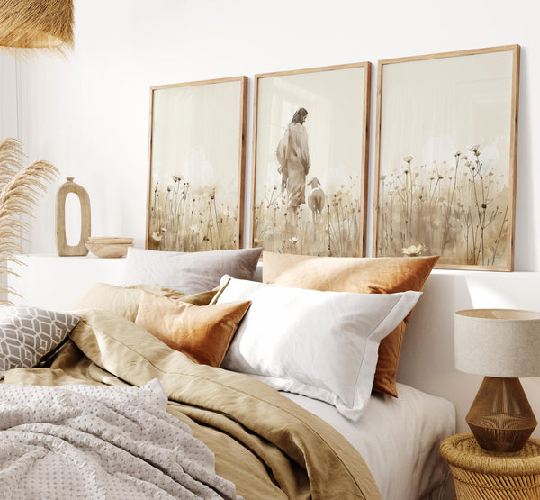 Kit 3 Quadros Decorativos: Jesus e Ovelhas Perdidas em um Campo de Flores Silvestres