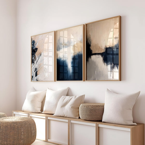 Kit 3 Quadros Decorativos: Arte Abstrata Moderna Minimalista Azul Marinho