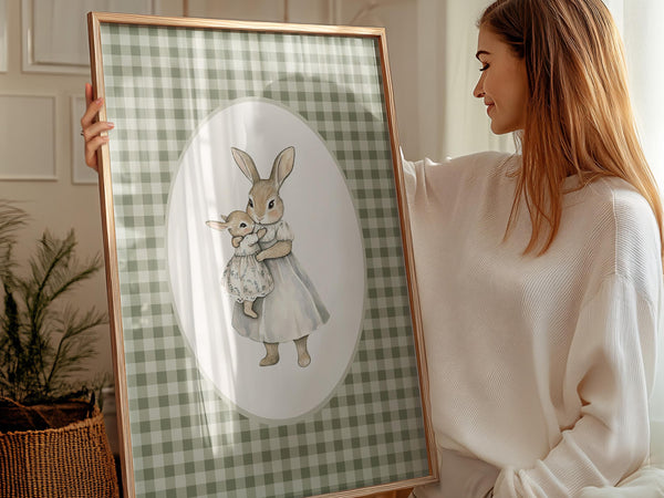 Quadro Infantil: Arte Coelho Mamãe e Bebê com Estampa Xadrez Branco e Verde